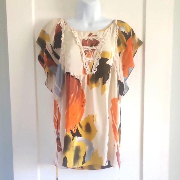 Anthropologie Silk Floral Blouse With Lace Details Size 4 - Picture 1 of 9